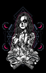 sexy tattoo women with flower and sacred geometry pattern as the background