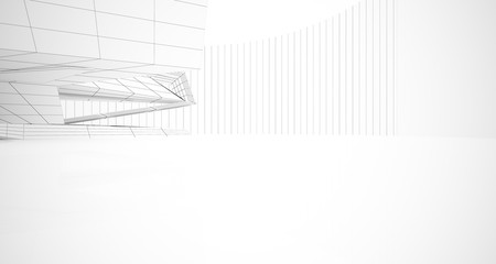Drawing abstract architectural white interior of a minimalist house with large windows. 3D illustration and rendering.