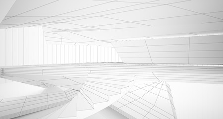 Drawing abstract architectural white interior of a minimalist house with large windows. 3D illustration and rendering.