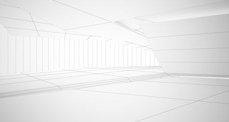 Drawing abstract architectural white interior of a minimalist house with large windows. 3D illustration and rendering.