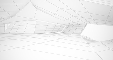 Drawing abstract architectural white interior of a minimalist house with large windows. 3D illustration and rendering.