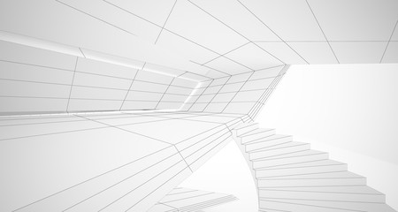 Drawing abstract architectural white interior of a minimalist house with large windows. 3D illustration and rendering.