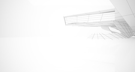 Drawing abstract architectural white interior of a minimalist house with large windows. 3D illustration and rendering.