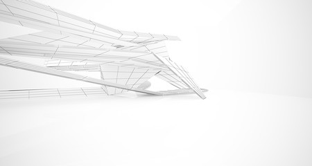 Drawing abstract architectural white interior of a minimalist house with large windows. 3D illustration and rendering.