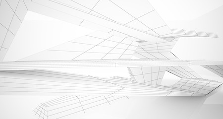 Drawing abstract architectural white interior of a minimalist house with large windows. 3D illustration and rendering.