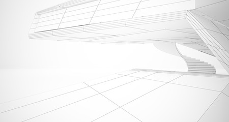 Drawing abstract architectural white interior of a minimalist house with large windows. 3D illustration and rendering.