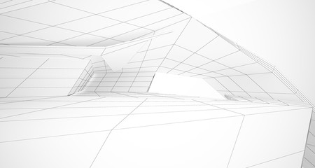 Drawing abstract architectural white interior of a minimalist house with large windows. 3D illustration and rendering.