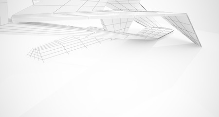 Drawing abstract architectural white interior of a minimalist house with large windows. 3D illustration and rendering.