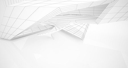 Drawing abstract architectural white interior of a minimalist house with large windows. 3D illustration and rendering.