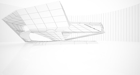 Drawing abstract architectural white interior of a minimalist house with large windows. 3D illustration and rendering.