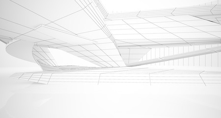 Drawing abstract architectural white interior of a minimalist house with large windows. 3D illustration and rendering.