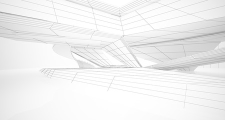 Drawing abstract architectural white interior of a minimalist house with large windows. 3D illustration and rendering.