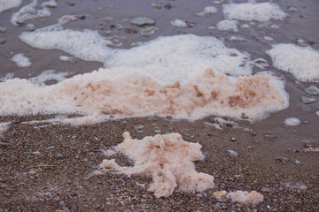 Environmental problems, foam is formed in the water. Concept of nature conservation and ecology.