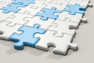 Blank puzzles arranged neatly with white background, 3d rendering.