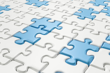 Blank puzzles arranged neatly with white background, 3d rendering.