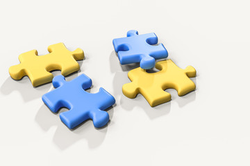 Scattered blank puzzles with white background, 3d rendering.