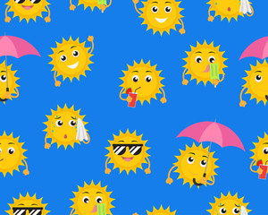 Fototapeta na wymiar Seamless pattern of cartoon sun mascot in different pose on blue background