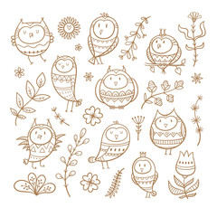 Vector owls and plants set. Group of cute cartoon birds. Vector contour image no fill.