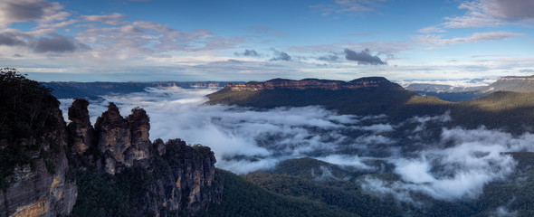 Jamison Valley Panorama with Three Sisters and Mist in the Valley