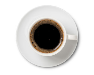 coffee cup, top view of coffee black in white ceramic cup isolated on white background.