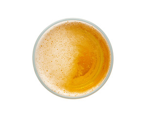 beer bubbles in glass cup on white background. top view.