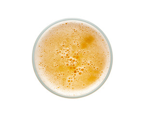 beer bubbles in glass cup on white background. top view.