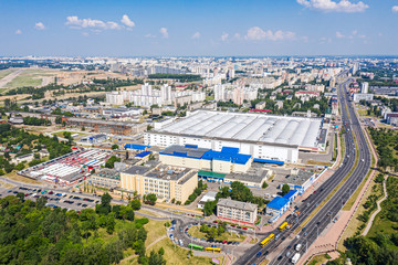 aerial view of urban industrial district with factory buildings and warehouses. Minsk, Belarus