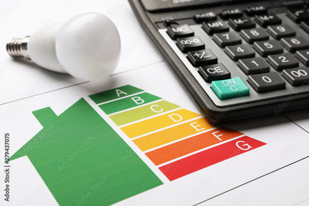 Wall mural energy efficiency rating chart, led light bulb and calculator on white background, closeup