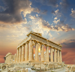 partheon athens greece sunset clouds sun