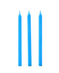 Blue thin birthday candles isolated on white
