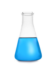Conical flask with color liquid isolated on white. Chemistry glassware
