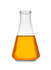 Conical flask with color liquid isolated on white. Chemistry glassware