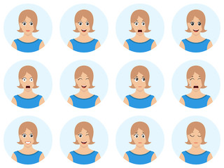 Business woman character emotions. Cute blond girl avatar. Ser of facial expression. High quality vector illustration.