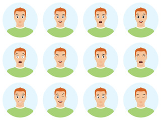 Handsome man with different facial expressions. Portrait of young man in a flat style. Vector avatar illustration with facial emotions.