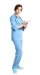 Full length portrait of experienced doctor in uniform on white background. Medical service