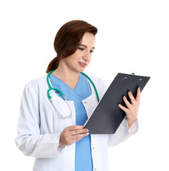 Portrait of experienced doctor in uniform on white background. Medical service