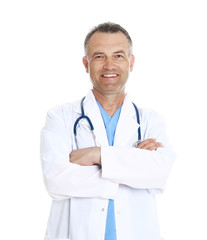 Fototapeta premium Portrait of experienced doctor in uniform on white background. Medical service