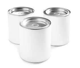 Closed blank cans of paint isolated on white