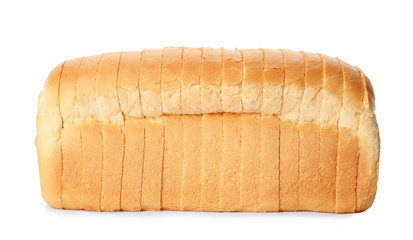 Sliced loaf of wheat bread isolated on white