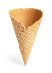 Empty wafer ice cream cone on white background