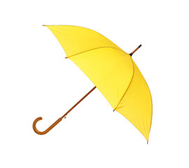 Modern opened yellow umbrella isolated on white