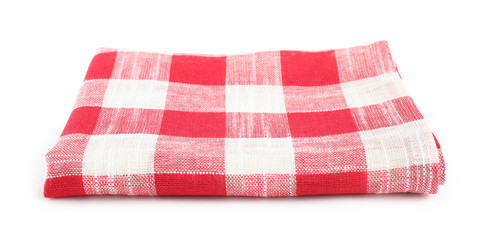 Folded red checkered kitchen towel on white background