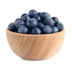 Bowl of fresh raw blueberries isolated on white
