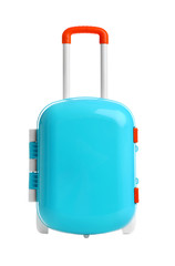 Stylish little blue suitcase on white background