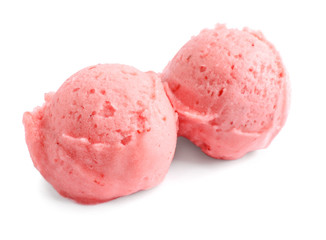 Scoops of delicious strawberry ice cream on white background