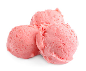Scoops of delicious strawberry ice cream on white background