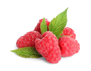 Delicious ripe sweet raspberries with leaves isolated on white