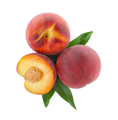 Sweet juicy peaches with leaves on white background, top view