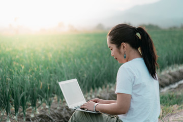 Researchers using new technology for improving productivity by using computer. Modern Farming Concept.