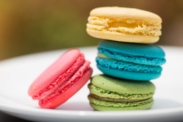 Sweet and colourful french macaroons or macaron on white background, Dessert.